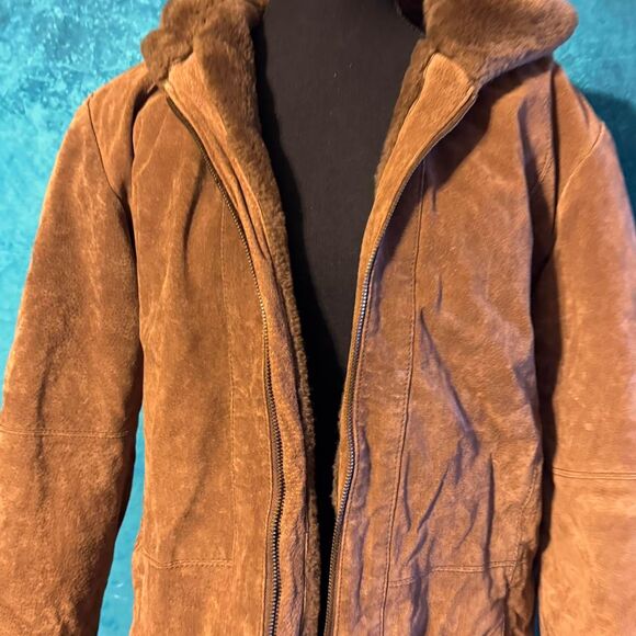 90s Vintage Suede Leather Jacket Faux Shearling Lined Coat - Picture 2 of 6